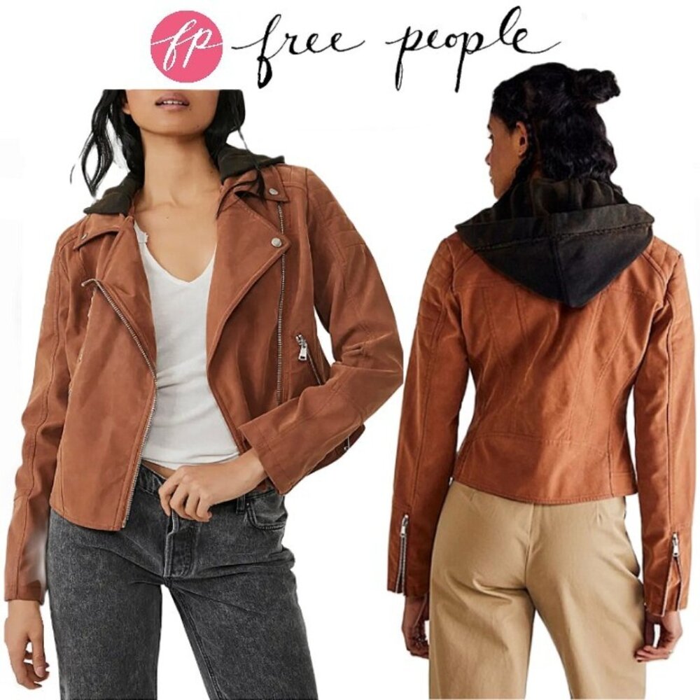 NEW  FREE PEOPLE Suede Imitation Hooded Moto Jacket 593JS
